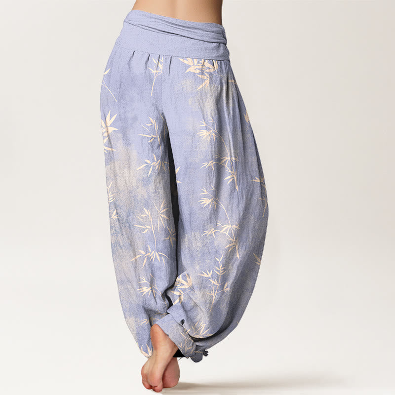 Pantalon harem à taille élastique pour femme, en coton à motif simple de feuilles de bambou et Buddha Stones - image 1