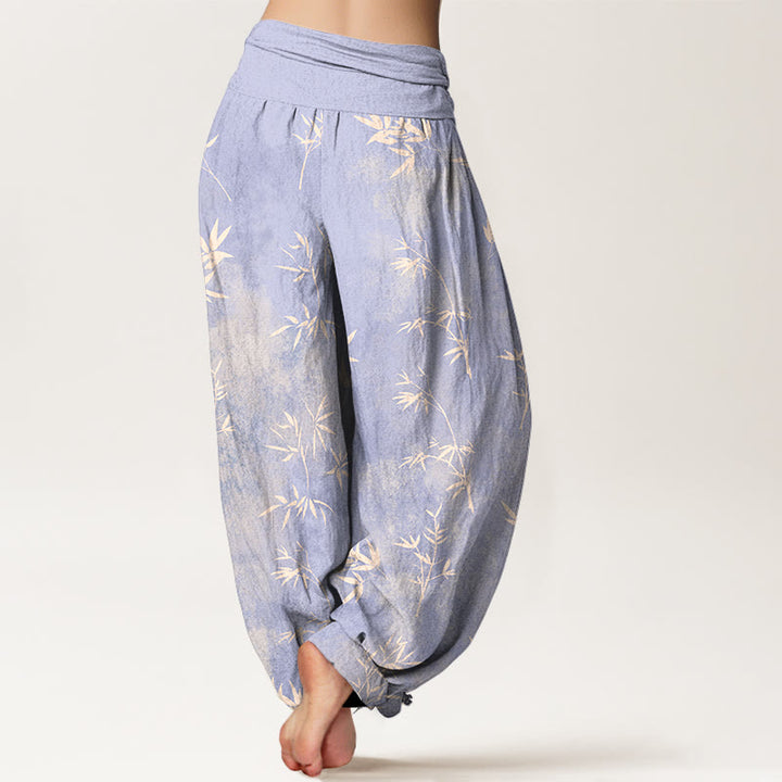 Pantalon harem à taille élastique pour femme, en coton à motif simple de feuilles de bambou et Buddha Stones - image 1