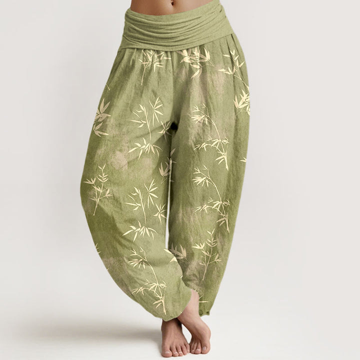 Pantalon harem à taille élastique pour femme, en coton à motif simple de feuilles de bambou et Buddha Stones - JauneVert - US16，UK/AU20，EU48 (3XL) - image 5