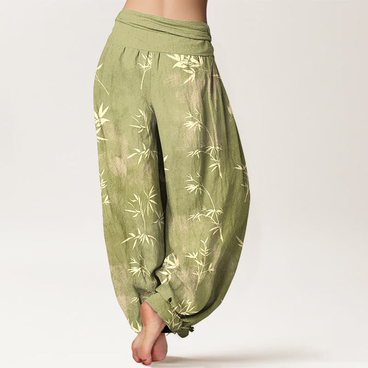 Pantalon harem à taille élastique pour femme, en coton à motif simple de feuilles de bambou et Buddha Stones - image 6