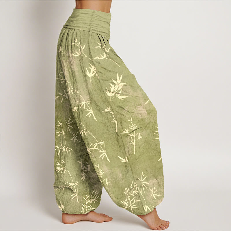Pantalon harem à taille élastique pour femme, en coton à motif simple de feuilles de bambou et Buddha Stones - image 7