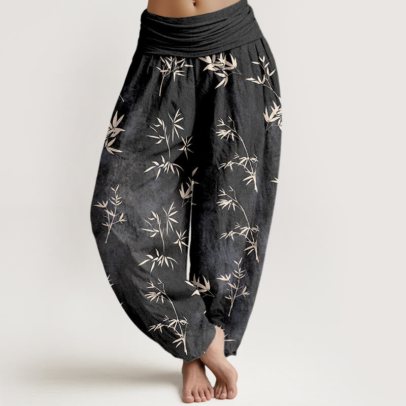 Pantalon harem à taille élastique pour femme, en coton à motif simple de feuilles de bambou et Buddha Stones - Noir - US16，UK/AU20，EU48 (3XL) - image 8