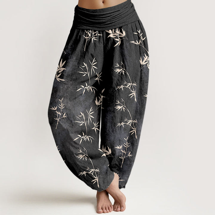 Pantalon harem à taille élastique pour femme, en coton à motif simple de feuilles de bambou et Buddha Stones - Noir - US16，UK/AU20，EU48 (3XL) - image 8