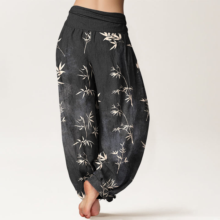 Pantalon harem à taille élastique pour femme, en coton à motif simple de feuilles de bambou et Buddha Stones - image 9