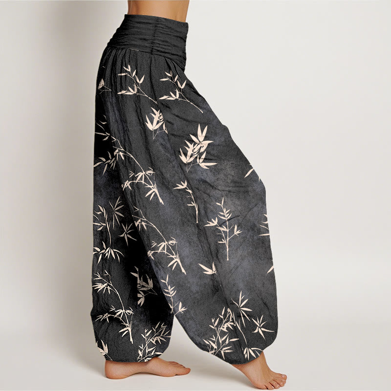 Pantalon harem à taille élastique pour femme, en coton à motif simple de feuilles de bambou et Buddha Stones - image 10
