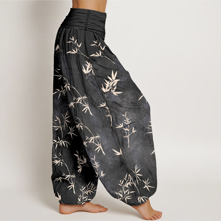 Pantalon harem à taille élastique pour femme, en coton à motif simple de feuilles de bambou et Buddha Stones - image 10