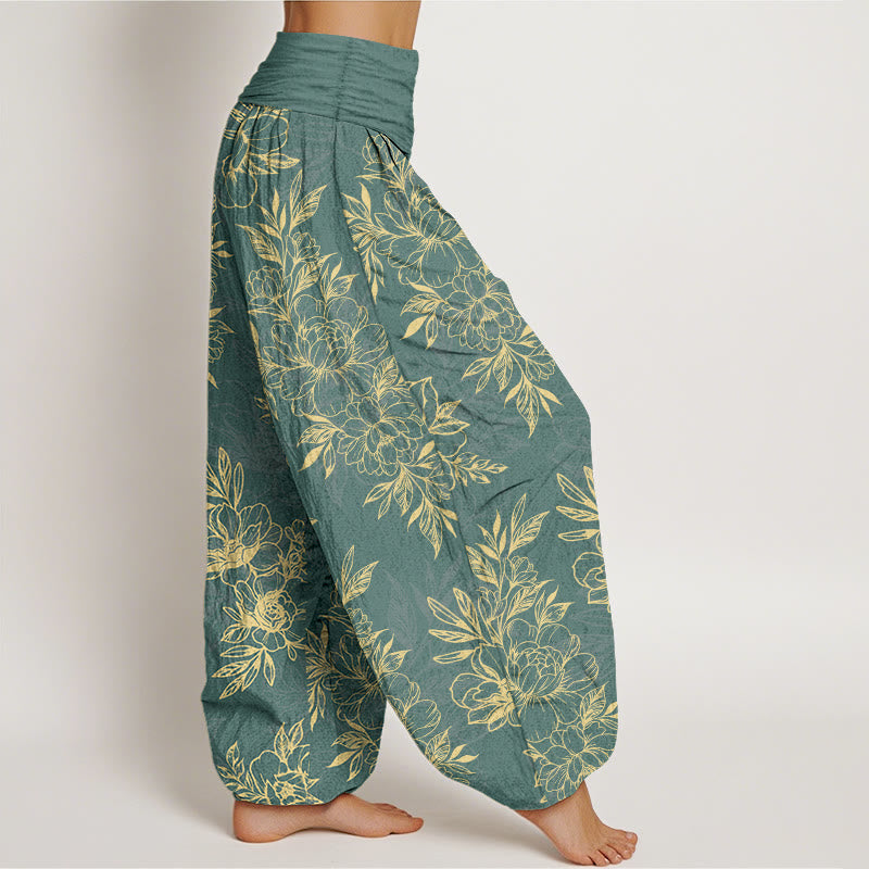 Pantalon harem à taille élastique pour femme, en coton à motif floral complexe avec Buddha Stones et feuilles - image 2