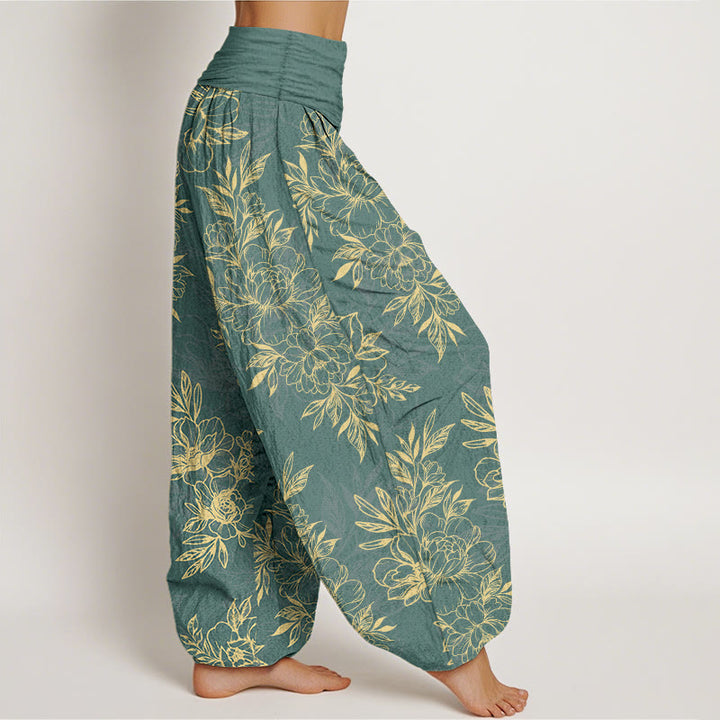 Pantalon harem à taille élastique pour femme, en coton à motif floral complexe avec Buddha Stones et feuilles - image 2