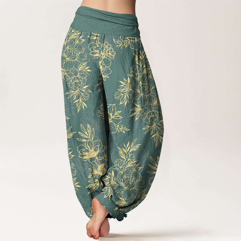 Pantalon harem à taille élastique pour femme, en coton à motif floral complexe avec Buddha Stones et feuilles - image 1