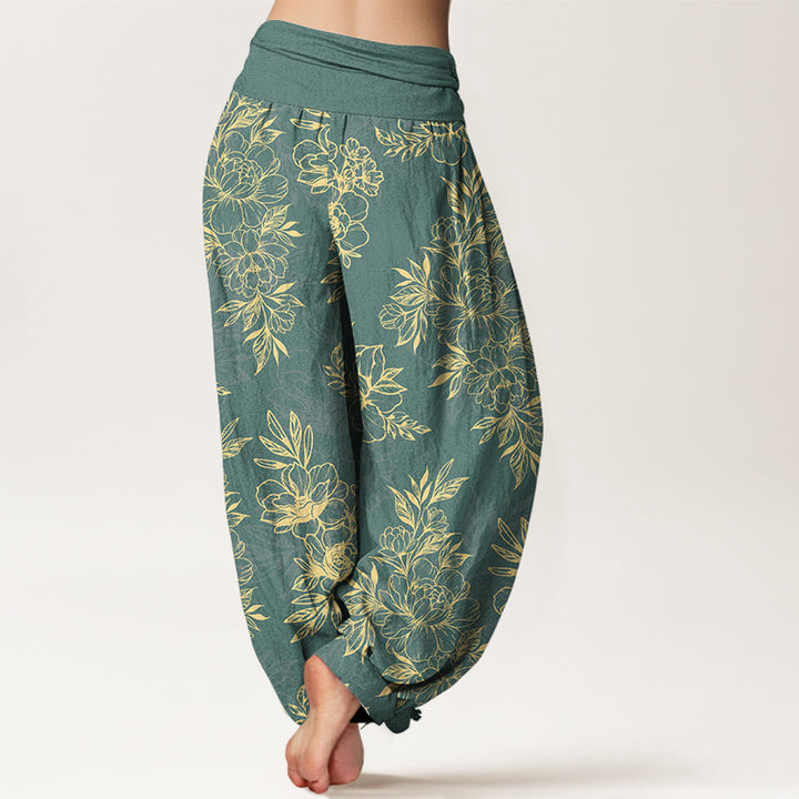 Pantalon harem à taille élastique pour femme, en coton à motif floral complexe avec Buddha Stones et feuilles - image 1