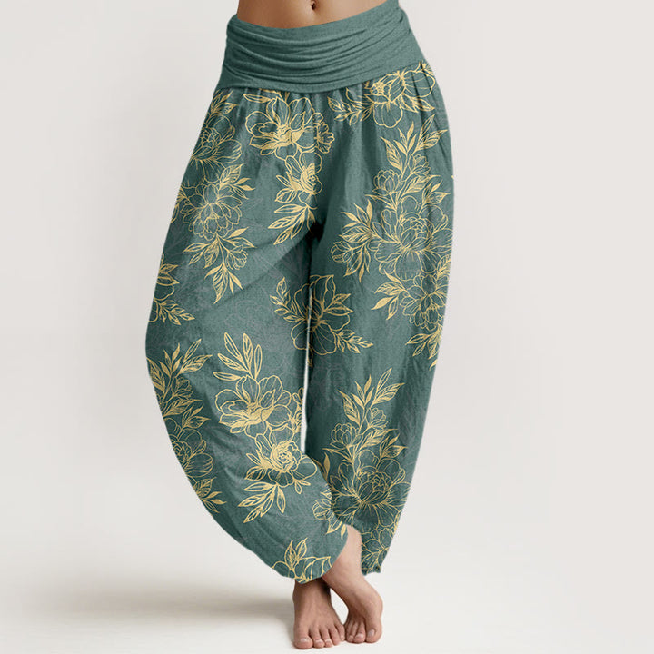 Pantalon harem à taille élastique pour femme, en coton à motif floral complexe avec Buddha Stones et feuilles - Vert mer moyen - US16，UK/AU20，EU48 (3XL) - image 0