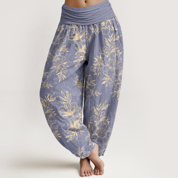 Pantalon harem à taille élastique pour femme, en coton à motif floral complexe avec Buddha Stones et feuilles - Bleu ardoise - US16，UK/AU20，EU48 (3XL) - image 5
