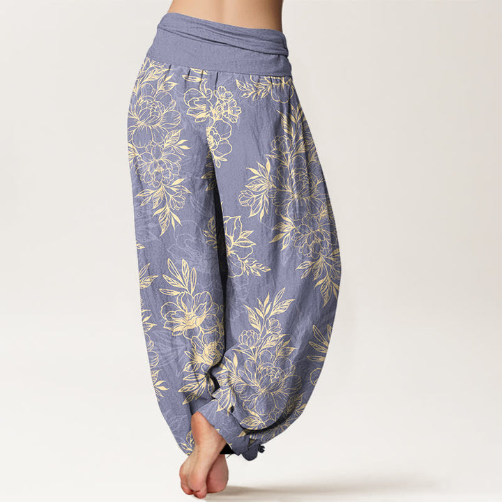 Pantalon harem à taille élastique pour femme, en coton à motif floral complexe avec Buddha Stones et feuilles - image 6