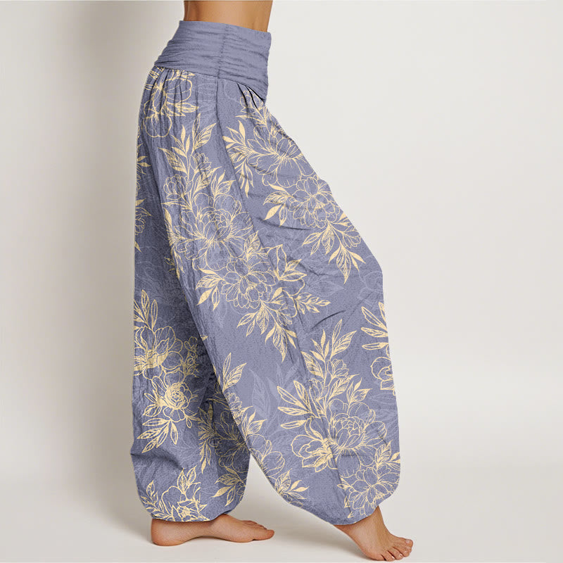 Pantalon harem à taille élastique pour femme, en coton à motif floral complexe avec Buddha Stones et feuilles - image 7