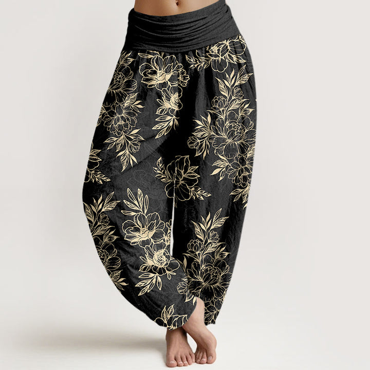 Pantalon harem à taille élastique pour femme, en coton à motif floral complexe avec Buddha Stones et feuilles - Noir - US16，UK/AU20，EU48 (3XL) - image 8