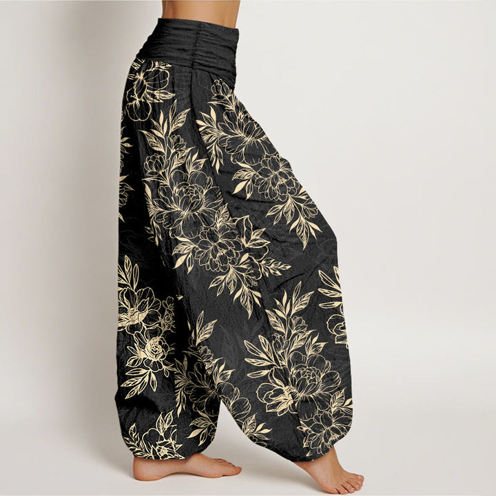Pantalon harem à taille élastique pour femme, en coton à motif floral complexe avec Buddha Stones et feuilles - image 10
