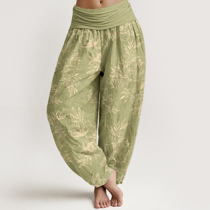 Pantalon harem à taille élastique pour femme, en coton à motif floral complexe avec Buddha Stones et feuilles - JauneVert - US16，UK/AU20，EU48 (3XL) - image 11