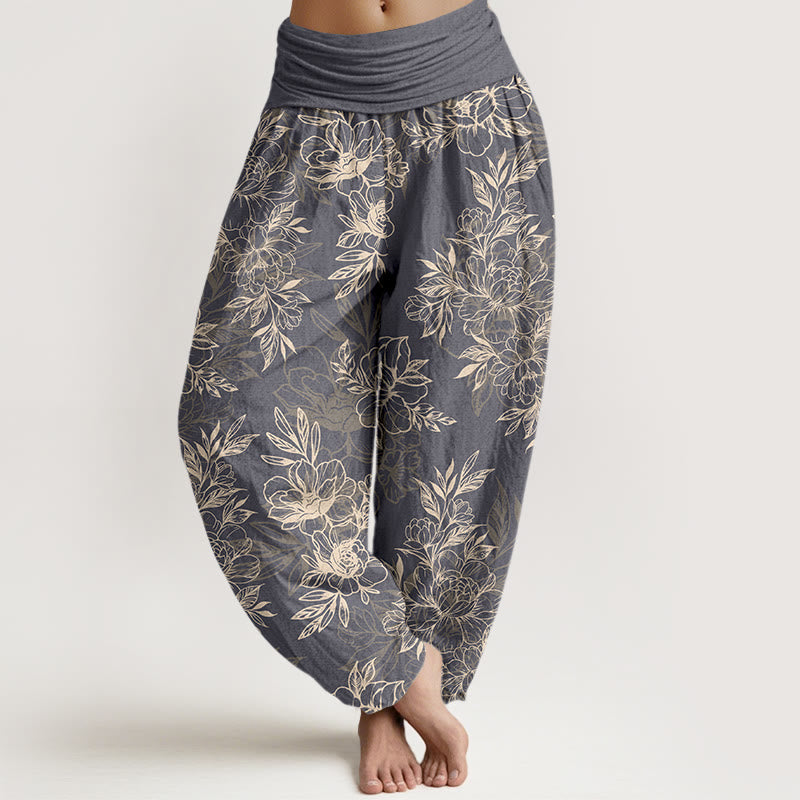 Pantalon harem à taille élastique pour femme, en coton à motif floral complexe avec Buddha Stones et feuilles - Gris sombre - US16，UK/AU20，EU48 (3XL) - image 14