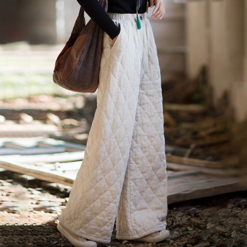 Pantalon large pour femme en coton épais uni à Buddha Stones, avec poches - Neige - US8-10，UK/AU12-14，EU40-42 (2XL) - image 0