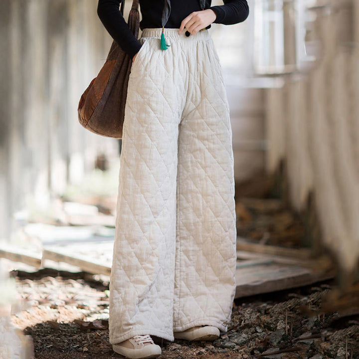 Pantalon large pour femme en coton épais uni à Buddha Stones, avec poches - image 3