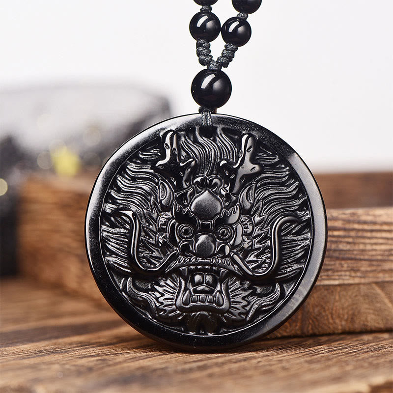 Collier pendentif en obsidienne noire dragon et Buddha Stones, symbole de transformation et d'accomplissement. - Obsidienne noire avec chaîne à perles - image 0