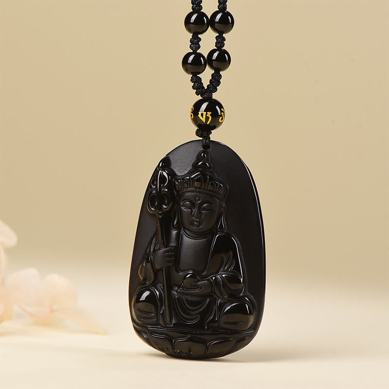 Pendentif en obsidienne noire à motif Buddha Stones Ksitigarbha, symbole de plénitude, pour un collier. - Obsidienne noire avec chaîne à perles - image 0