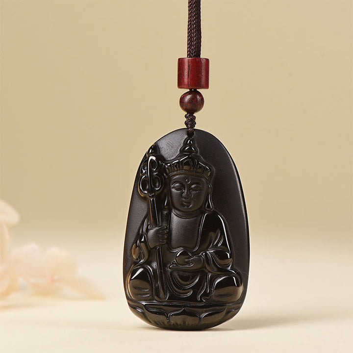 Pendentif en obsidienne noire à motif Buddha Stones Ksitigarbha, symbole de plénitude, pour un collier. - Obsidienne noire avec chaîne en corde - image 7