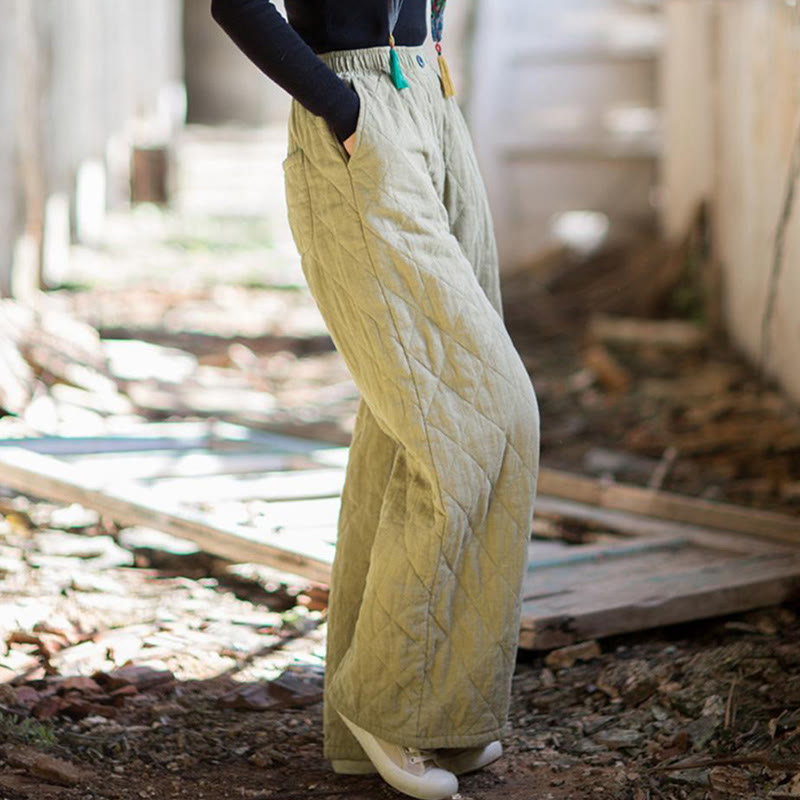 Pantalon large pour femme en coton épais uni à Buddha Stones, avec poches - image 15