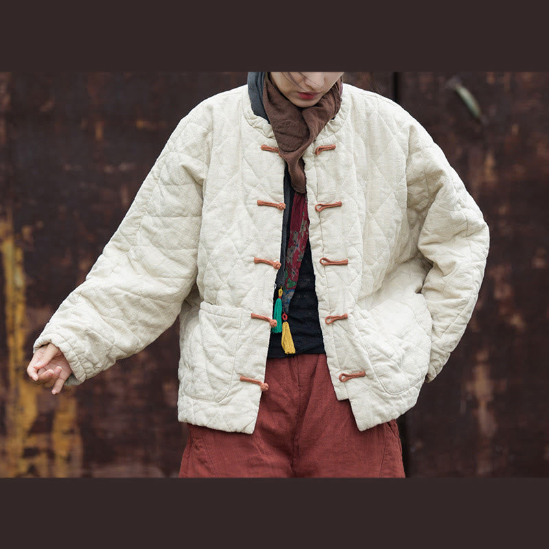 Veste thermique femme en coton à manches longues, ouverte sur le devant, avec poches et fermeture à boutons Buddha Stones Winter Frog-Button Lines - FloralWhite - US14，UK/AU18，EU46 (2XL) - image 0