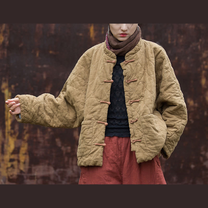 Veste thermique femme en coton à manches longues, ouverte sur le devant, avec poches et fermeture à boutons Buddha Stones Winter Frog-Button Lines - Kaki - US14，UK/AU18，EU46 (2XL) - image 21