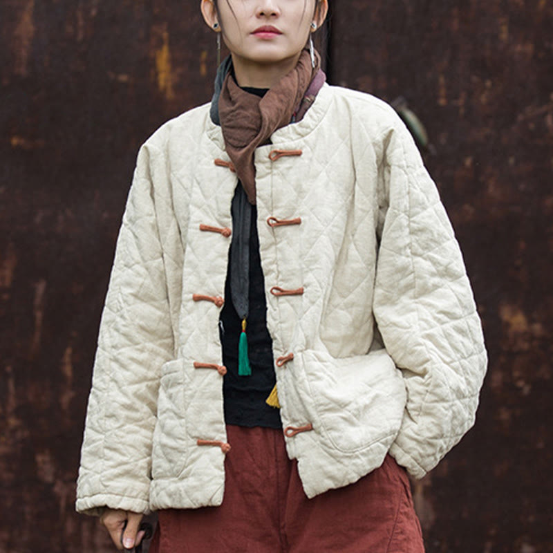 Veste thermique femme en coton à manches longues, ouverte sur le devant, avec poches et fermeture à boutons Buddha Stones Winter Frog-Button Lines - image 1