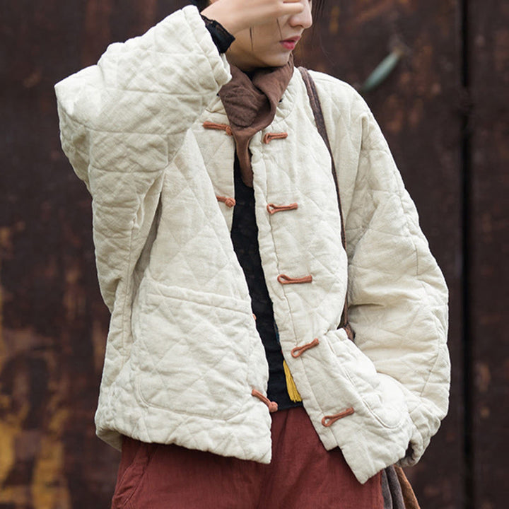 Veste thermique femme en coton à manches longues, ouverte sur le devant, avec poches et fermeture à boutons Buddha Stones Winter Frog-Button Lines - image 3