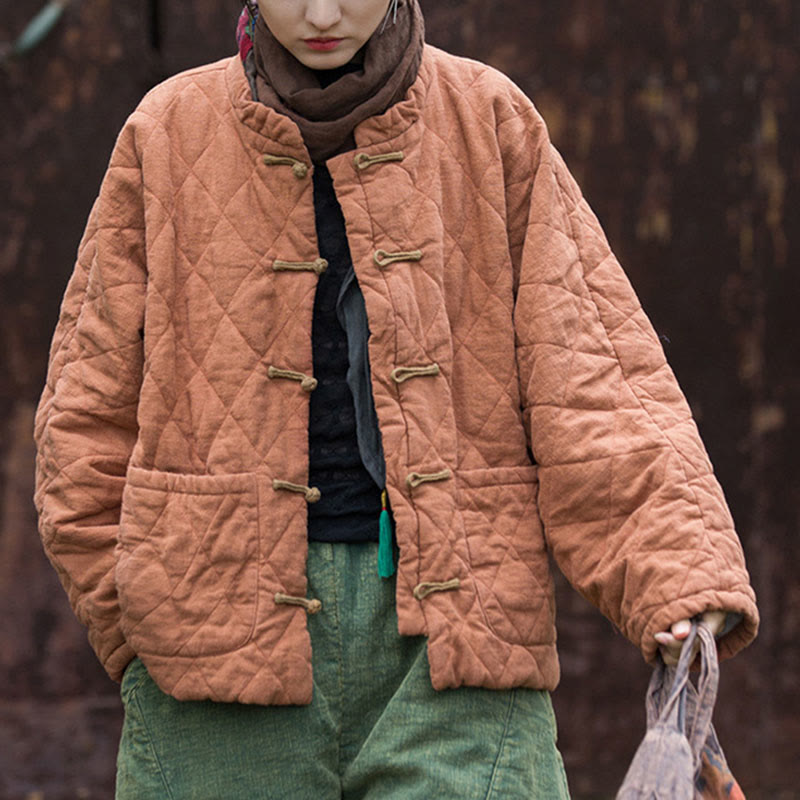 Veste thermique femme en coton à manches longues, ouverte sur le devant, avec poches et fermeture à boutons Buddha Stones Winter Frog-Button Lines - image 13