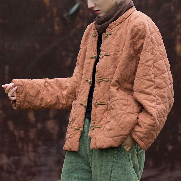 Veste thermique femme en coton à manches longues, ouverte sur le devant, avec poches et fermeture à boutons Buddha Stones Winter Frog-Button Lines - image 14