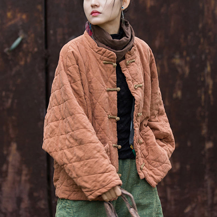 Veste thermique femme en coton à manches longues, ouverte sur le devant, avec poches et fermeture à boutons Buddha Stones Winter Frog-Button Lines - image 15