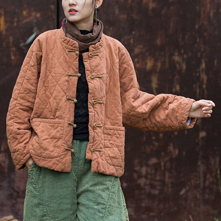 Veste thermique femme en coton à manches longues, ouverte sur le devant, avec poches et fermeture à boutons Buddha Stones Winter Frog-Button Lines - image 18