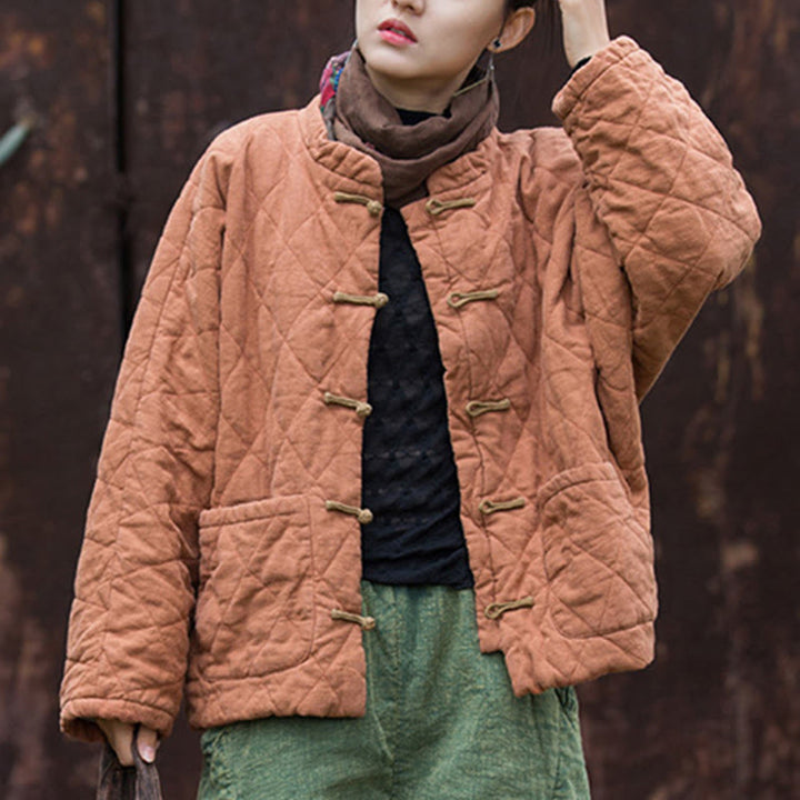 Veste thermique femme en coton à manches longues, ouverte sur le devant, avec poches et fermeture à boutons Buddha Stones Winter Frog-Button Lines - image 16