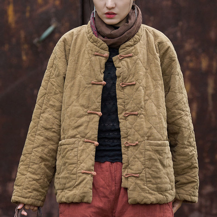 Veste thermique femme en coton à manches longues, ouverte sur le devant, avec poches et fermeture à boutons Buddha Stones Winter Frog-Button Lines - image 23