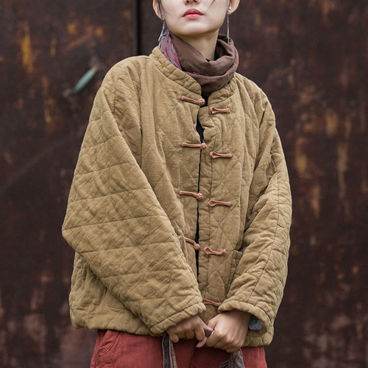 Veste thermique femme en coton à manches longues, ouverte sur le devant, avec poches et fermeture à boutons Buddha Stones Winter Frog-Button Lines - image 24