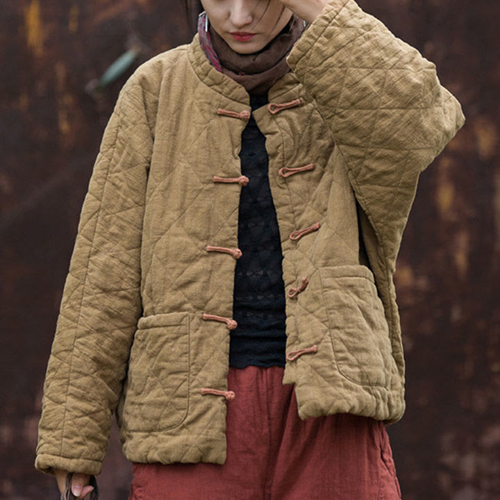 Veste thermique femme en coton à manches longues, ouverte sur le devant, avec poches et fermeture à boutons Buddha Stones Winter Frog-Button Lines - image 25