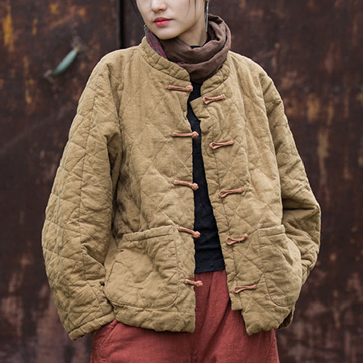 Veste thermique femme en coton à manches longues, ouverte sur le devant, avec poches et fermeture à boutons Buddha Stones Winter Frog-Button Lines - image 28