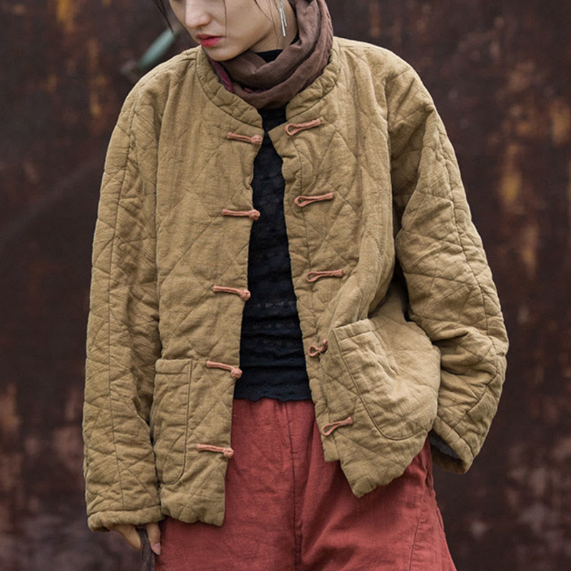 Veste thermique femme en coton à manches longues, ouverte sur le devant, avec poches et fermeture à boutons Buddha Stones Winter Frog-Button Lines - image 26