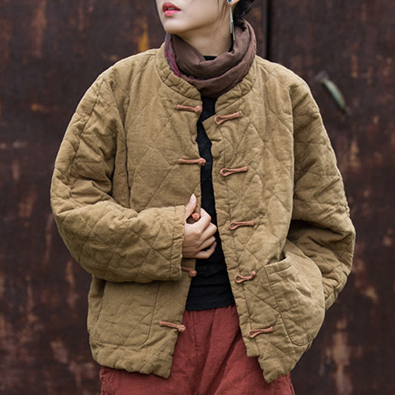 Veste thermique femme en coton à manches longues, ouverte sur le devant, avec poches et fermeture à boutons Buddha Stones Winter Frog-Button Lines - image 27