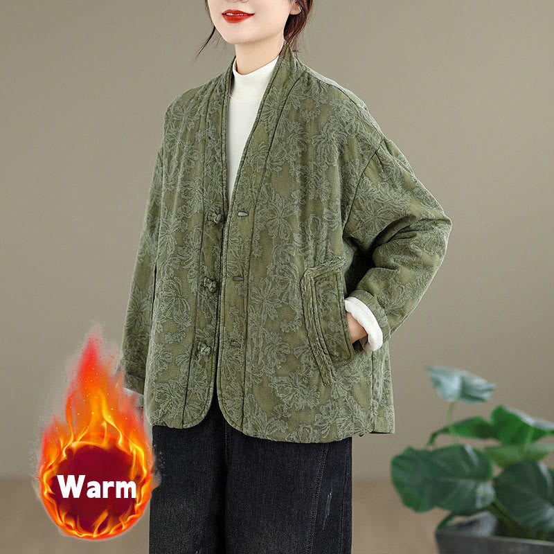 Veste thermique d'hiver pour femme, col en V, jacquard, manches longues, fermeture à boutons brandebourg, en coton, avec poches , Buddha Stones - Vert foncé - US12，UK/AU16，EU44 (2XL) - image 0