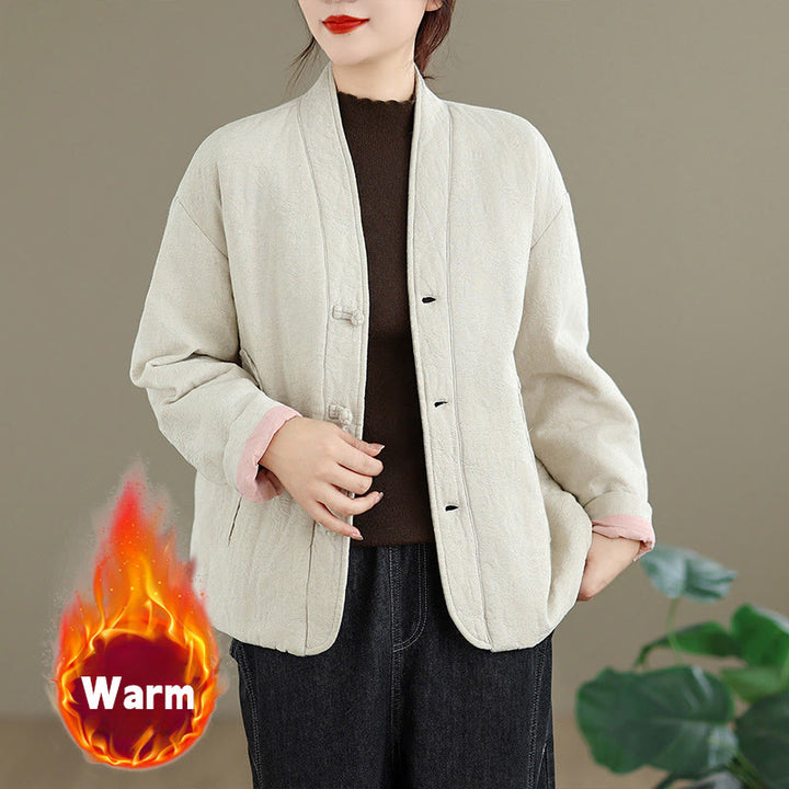 Veste thermique d'hiver pour femme, col en V, jacquard, manches longues, fermeture à boutons brandebourg, en coton, avec poches , Buddha Stones - Blanc - US12，UK/AU16，EU44 (2XL) - image 12