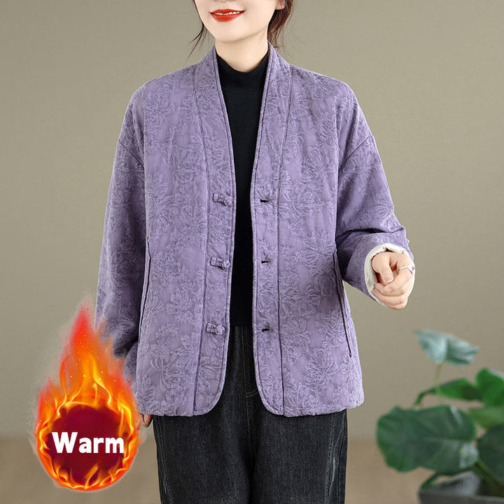 Veste thermique d'hiver pour femme, col en V, jacquard, manches longues, fermeture à boutons brandebourg, en coton, avec poches , Buddha Stones - Prune - US12，UK/AU16，EU44 (2XL) - image 19