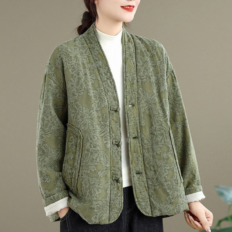 Veste thermique d'hiver pour femme, col en V, jacquard, manches longues, fermeture à boutons brandebourg, en coton, avec poches , Buddha Stones - image 1