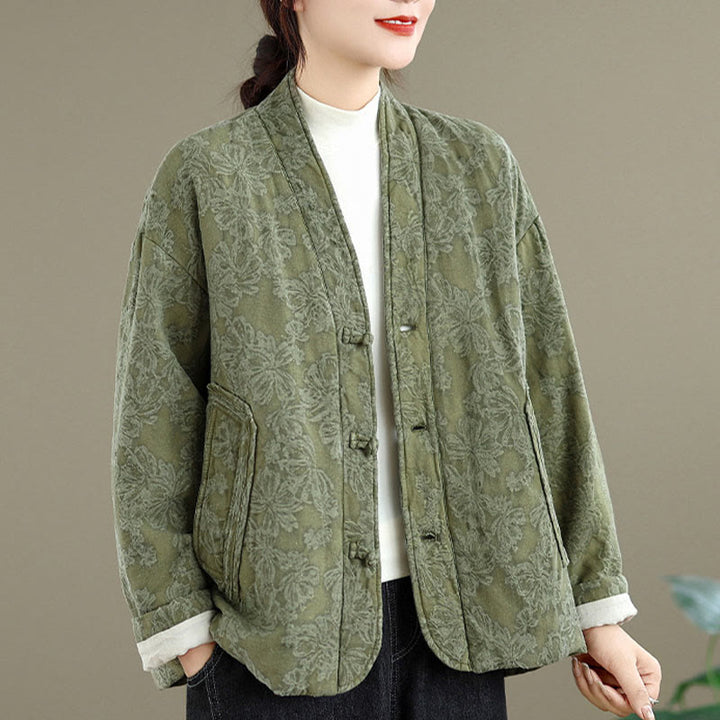 Veste thermique d'hiver pour femme, col en V, jacquard, manches longues, fermeture à boutons brandebourg, en coton, avec poches , Buddha Stones - image 1