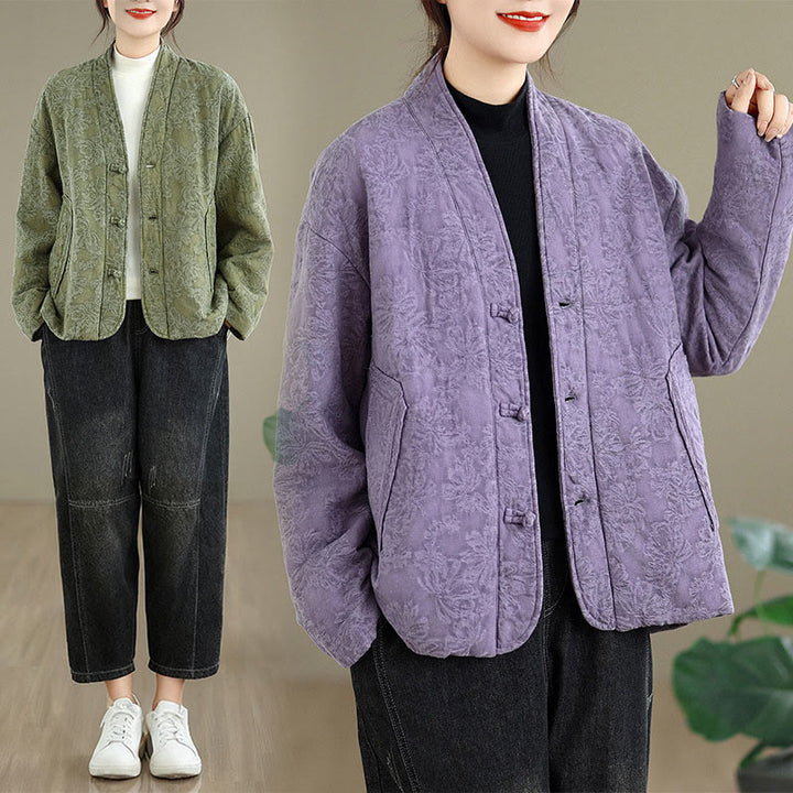 Veste thermique d'hiver pour femme, col en V, jacquard, manches longues, fermeture à boutons brandebourg, en coton, avec poches , Buddha Stones - image 25