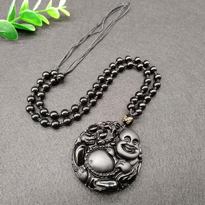 Collier pendentif en verre d'obsidienne noire, motif Bouddha rieur , Buddha Stones. - image 1